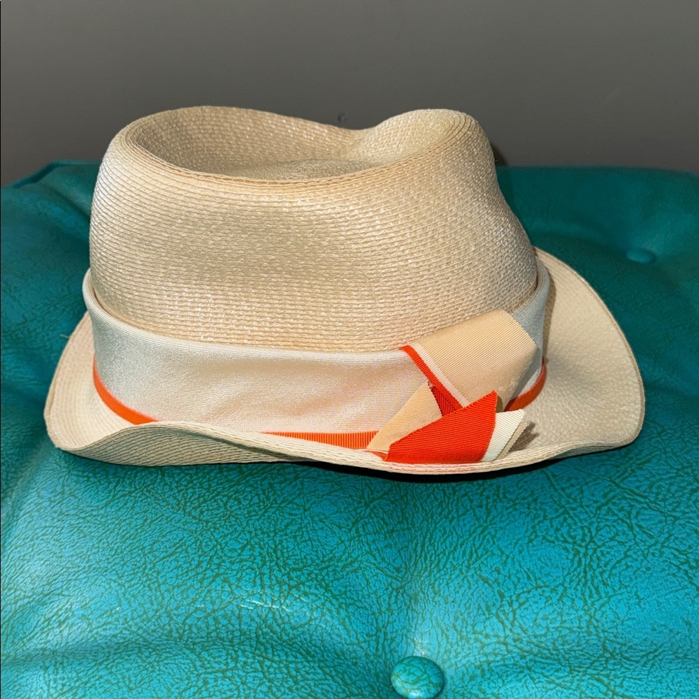 Vintage Bellini straw fedora hat cream and orange ribbon details beach Derby